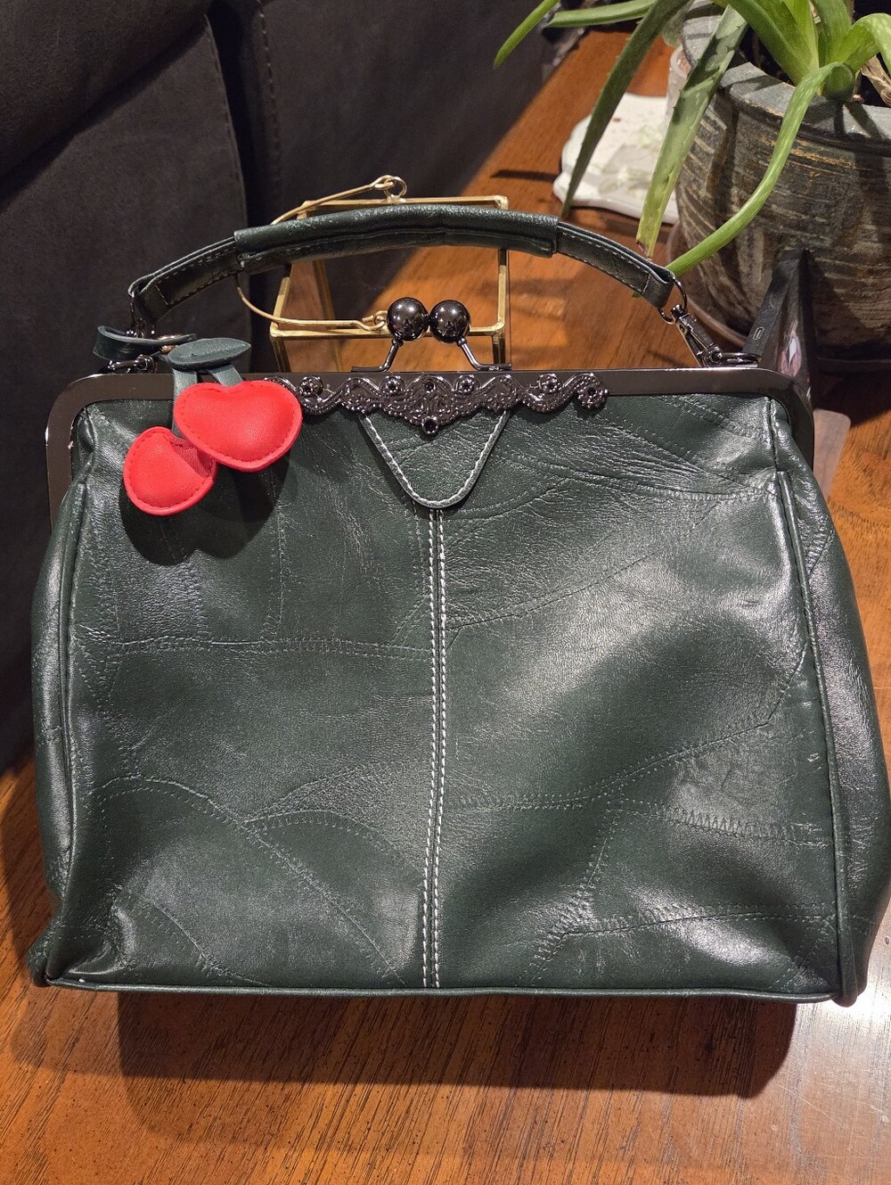 Dark Green Faux Leather Frame Handbag with Red Cherry Charm